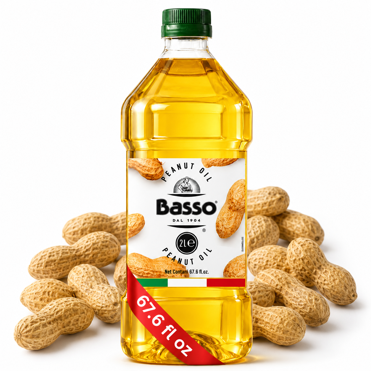 Basso Peanut Oil 2L bottle with whole peanuts on a white background.