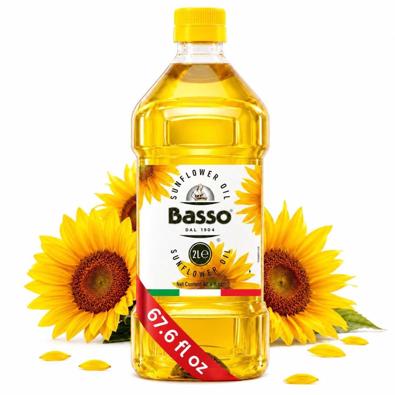 Basso Sunflower Oil 2L bottle with fresh sunflowers on a white background.