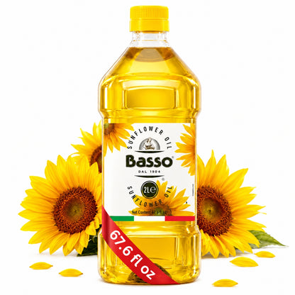 Basso Sunflower Oil 2L bottle with fresh sunflowers on a white background.