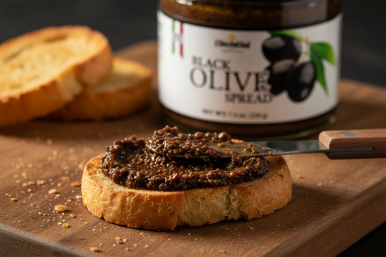 Authentic Italian black olive spread made with black olives, sunflower oil & wine vinegar. Rich, savory, and versatile perfect for crostini, pasta, and charcuterie boards