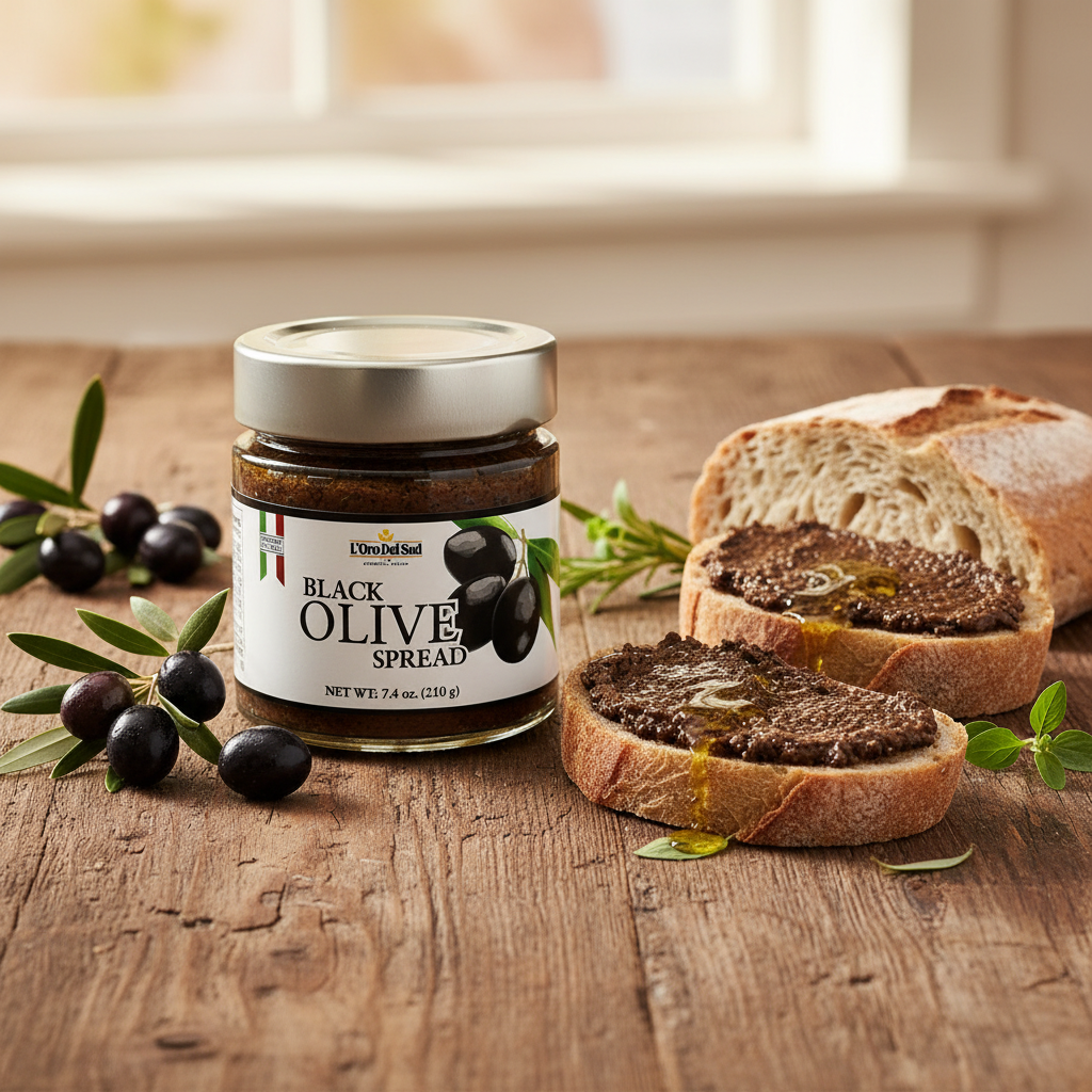Authentic Italian black olive spread made with black olives, sunflower oil & wine vinegar. Rich, savory, and versatile  perfect for crostini, pasta, and charcuterie boards