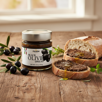 Authentic Italian black olive spread made with black olives, sunflower oil & wine vinegar. Rich, savory, and versatile  perfect for crostini, pasta, and charcuterie boards