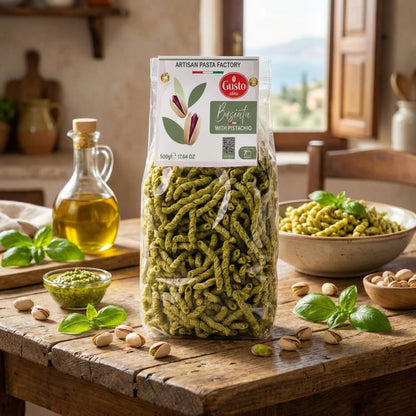 Bag of green pasta with pesto on a wooden table with basil and oil