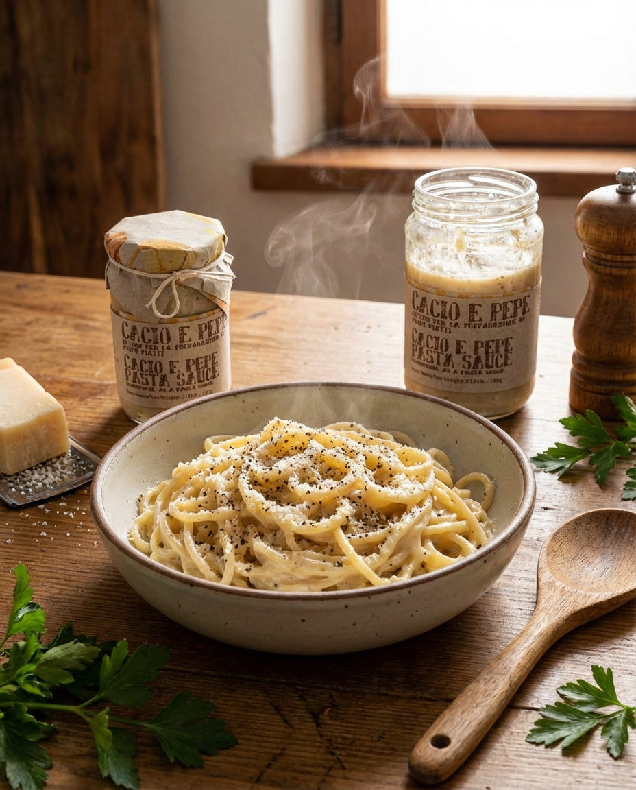  bowl of pasta with two jars labeled 'Cacio e Pepe' on a wooden table.