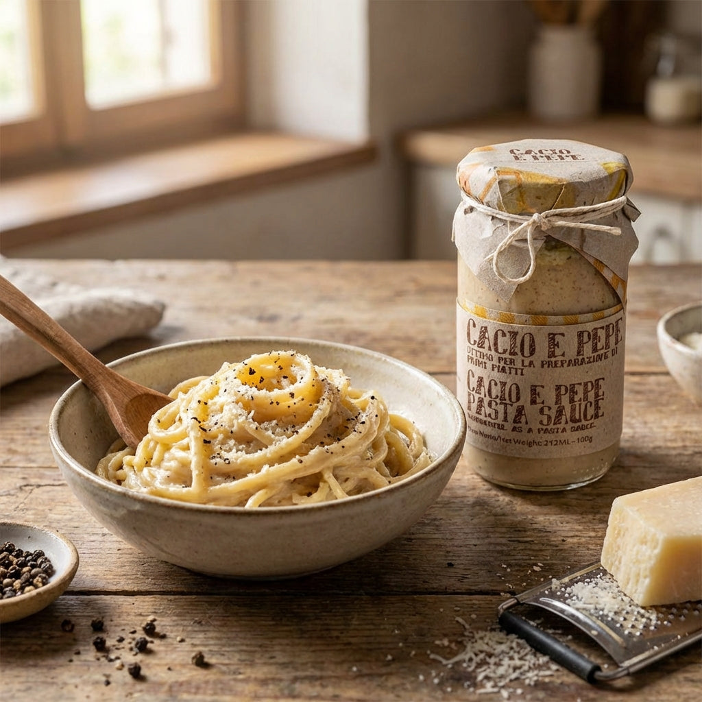 Pasta dish with a jar of 'Cacio e Pepe' pasta sauce on a wooden table.
