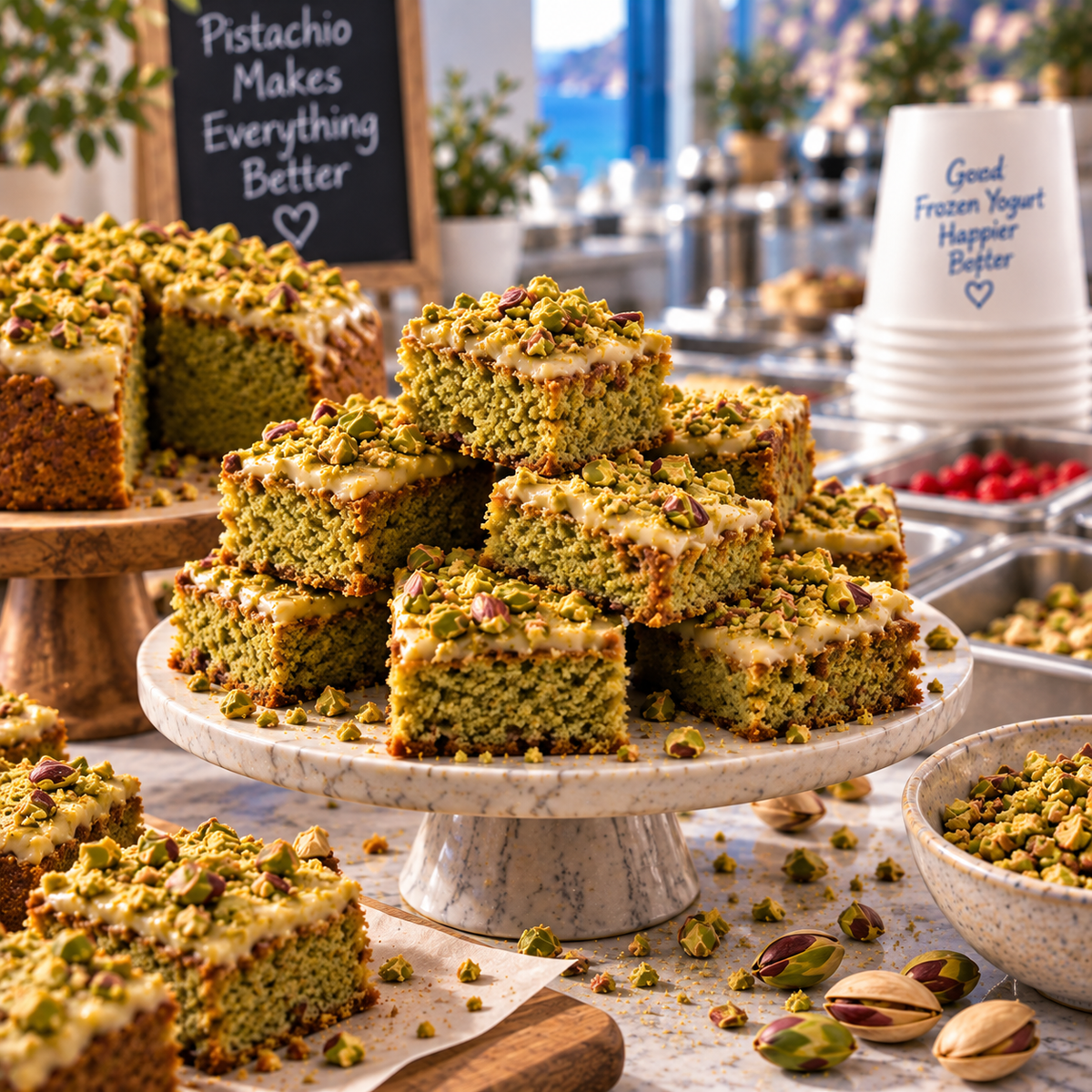 A dessert display featuring square slices of pistachio cake stacked on a marble pedestal stand, with more cake, bowls of chopped pistachios, and a sign reading 'Pistachio Makes Everything Better' in a bright, styled kitchen or catering setting.