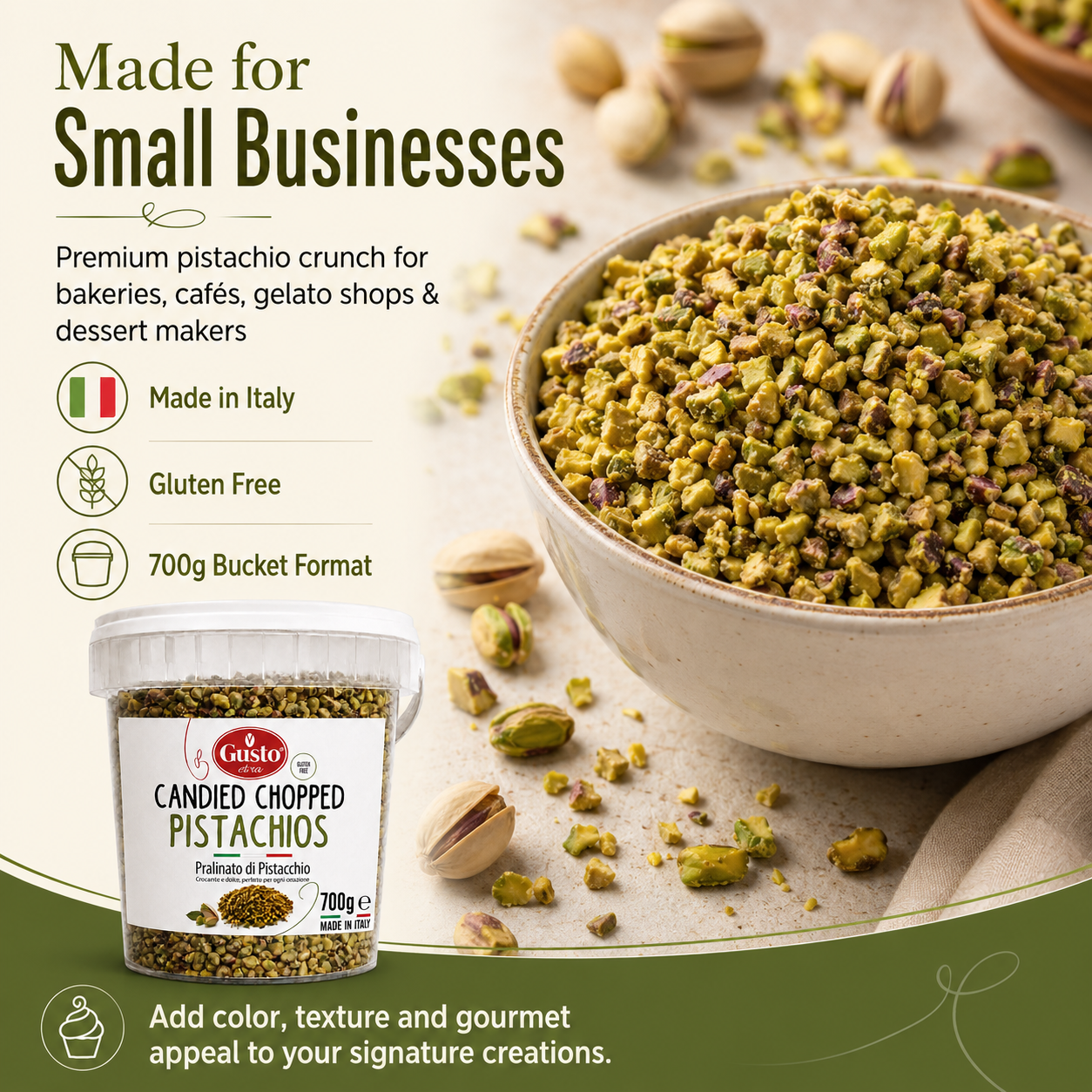 Gusto Etna Candied Chopped Pistachios, 700g / 24.7 oz – Italian Pralinated Pistachios for Baking, Gelato, Pastries & Desserts