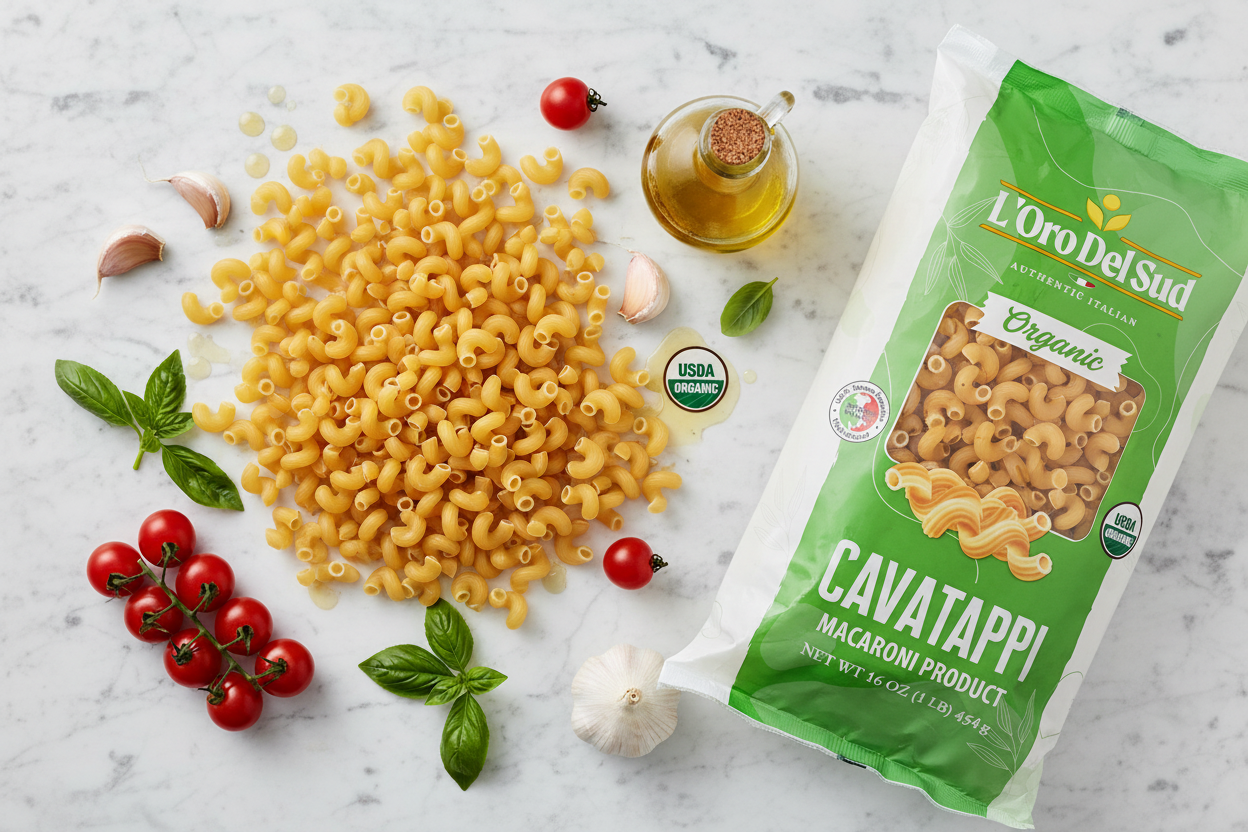 Cavatappi flat lay with organic ingredients