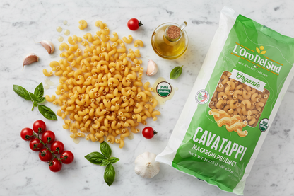 Cavatappi flat lay with organic ingredients