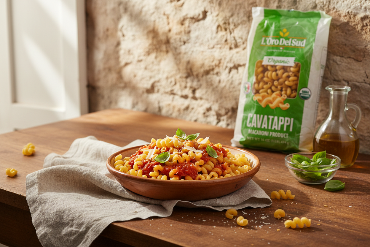Cavatappi in rustic Italian kitchen