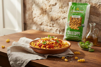 Cavatappi in rustic Italian kitchen