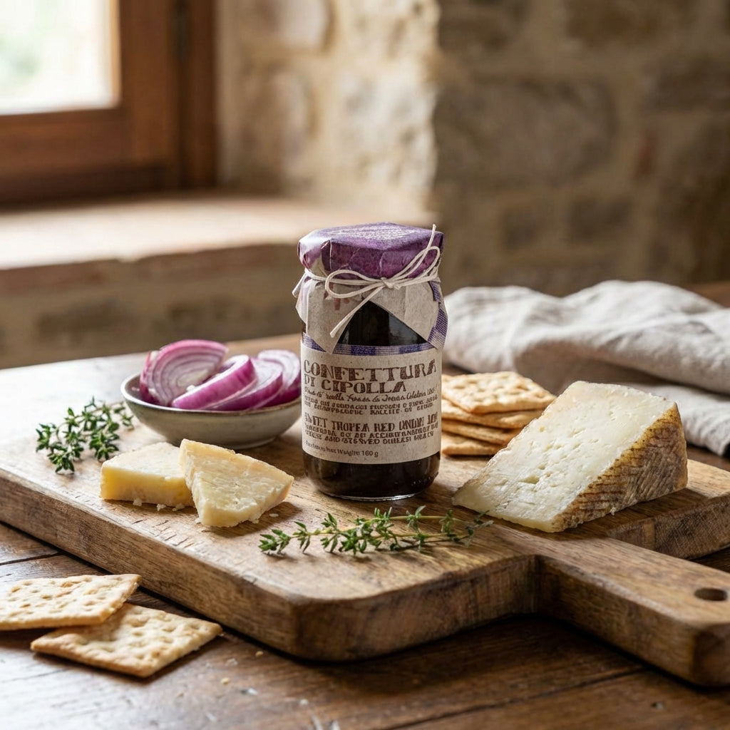 Jar of olive oil on a wooden cutting board with bread, crackers, and onions.
