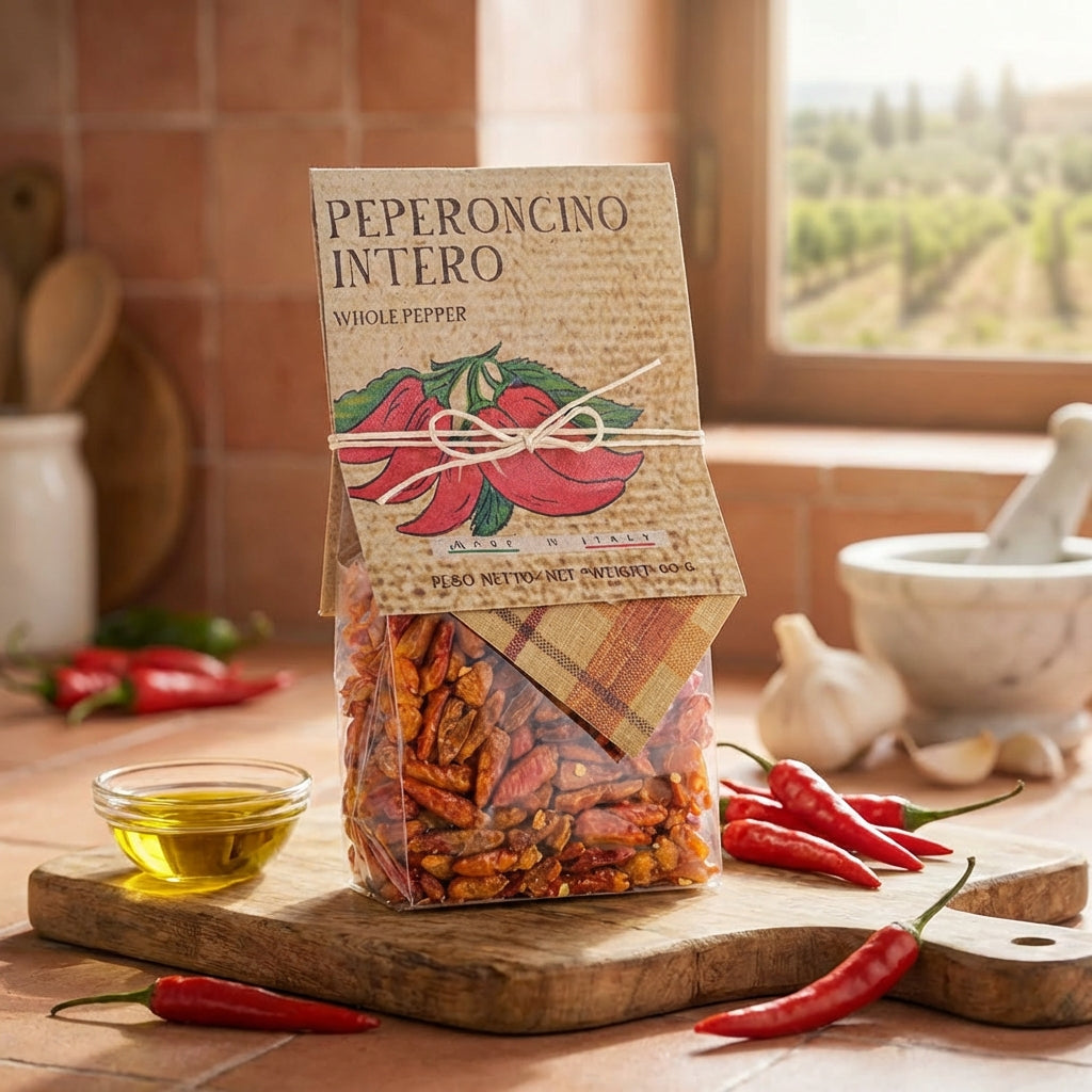 Packaged whole pepper with a rustic label on a wooden cutting board in a kitchen setting.