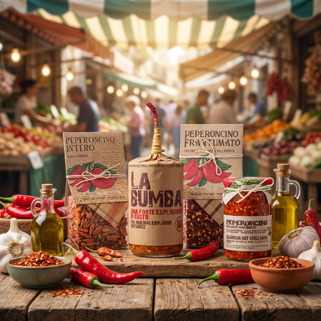 Spice and condiment products on a wooden table with a market background
