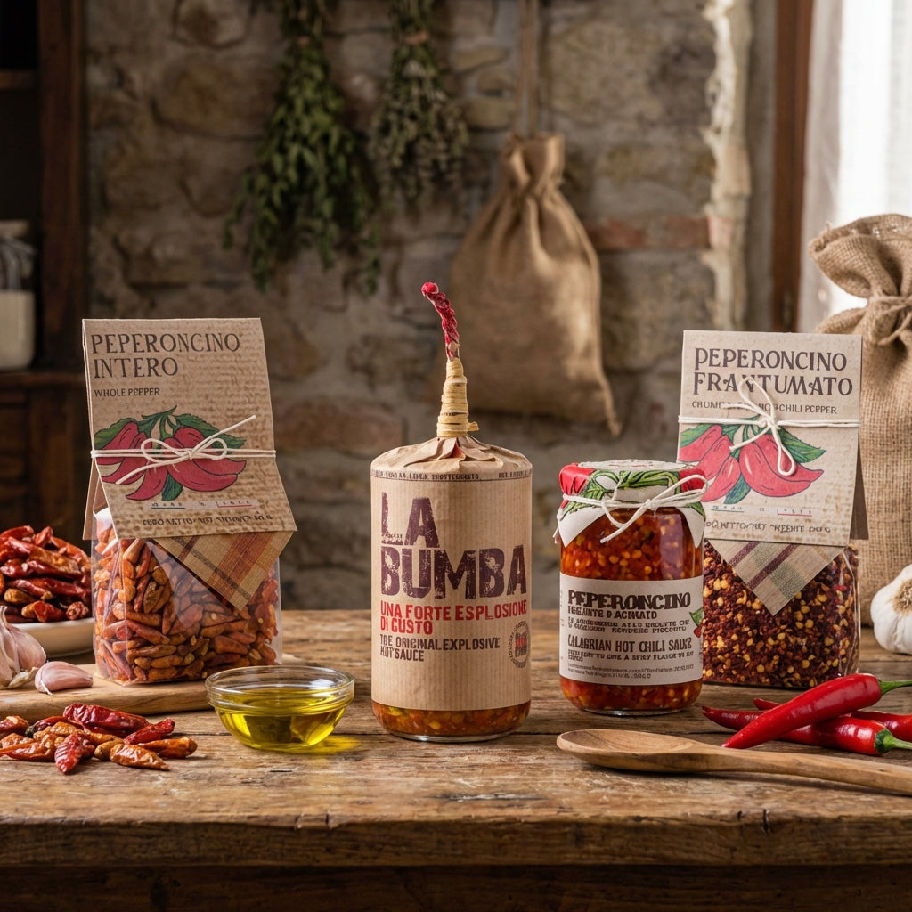 Spice and condiment products on a wooden table with a rustic stone wall background.