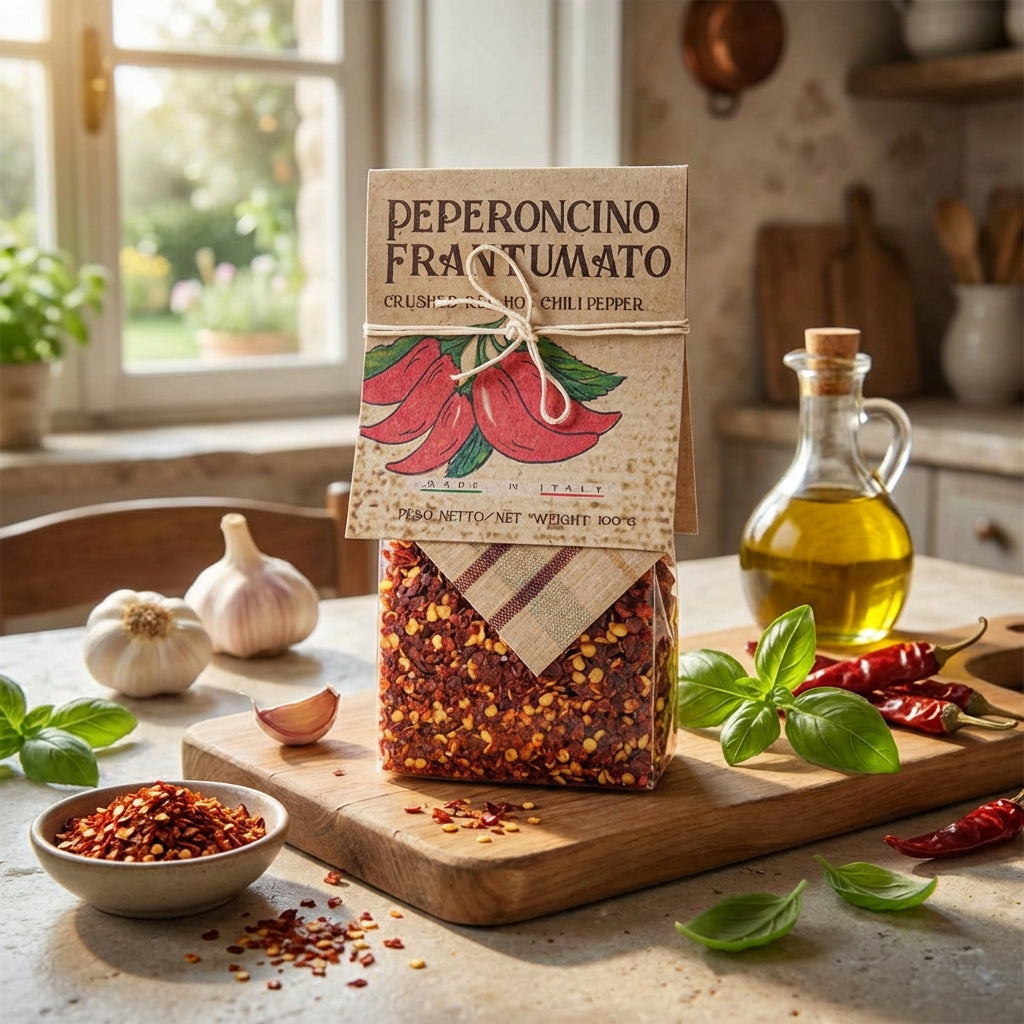 Packaged pepperoncino on a kitchen counter with ingredients and a window in the background