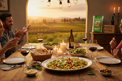 Family Italian dinner with cavatappi