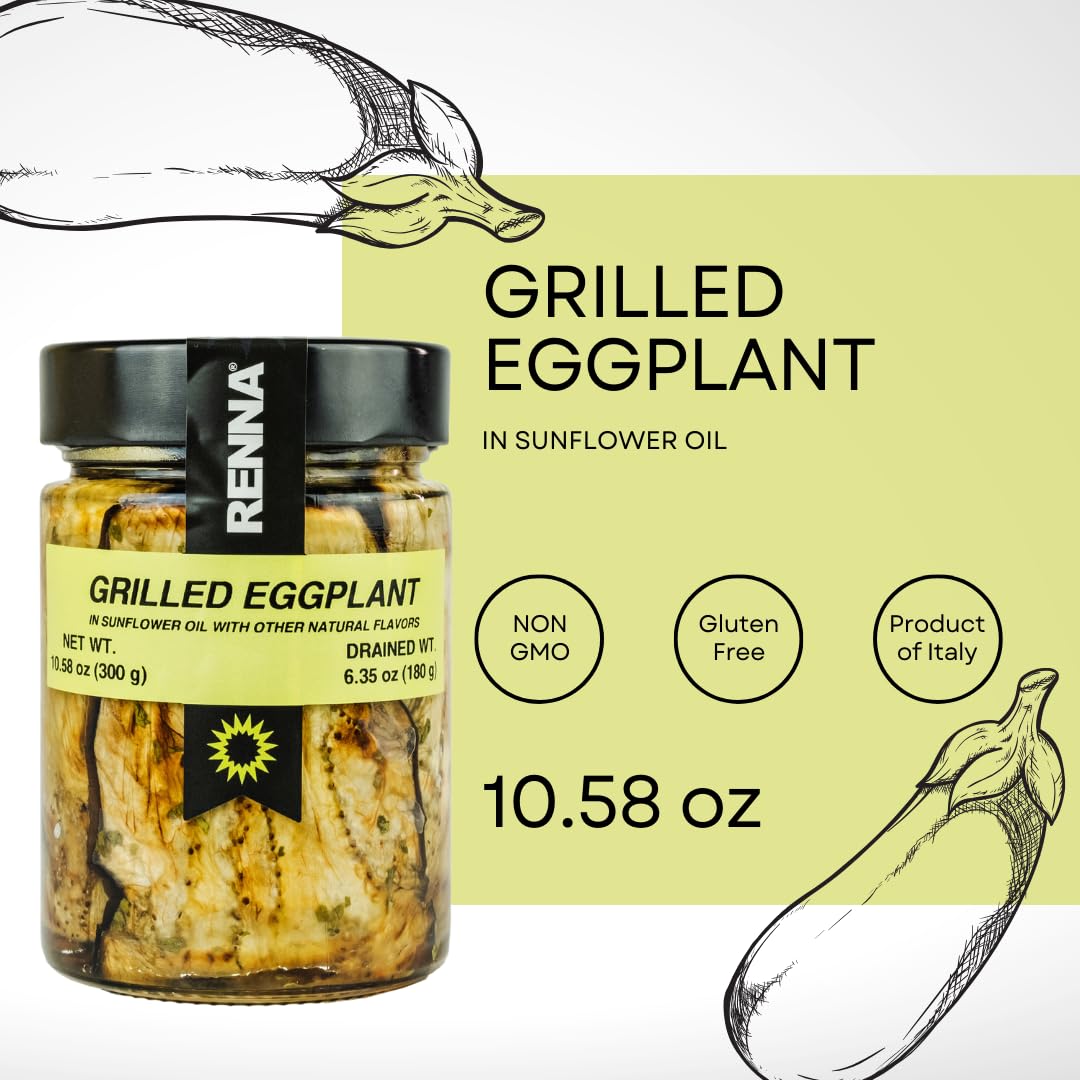 Jar of Renna grilled eggplant in sunflower oil with illustrations and text on a white background