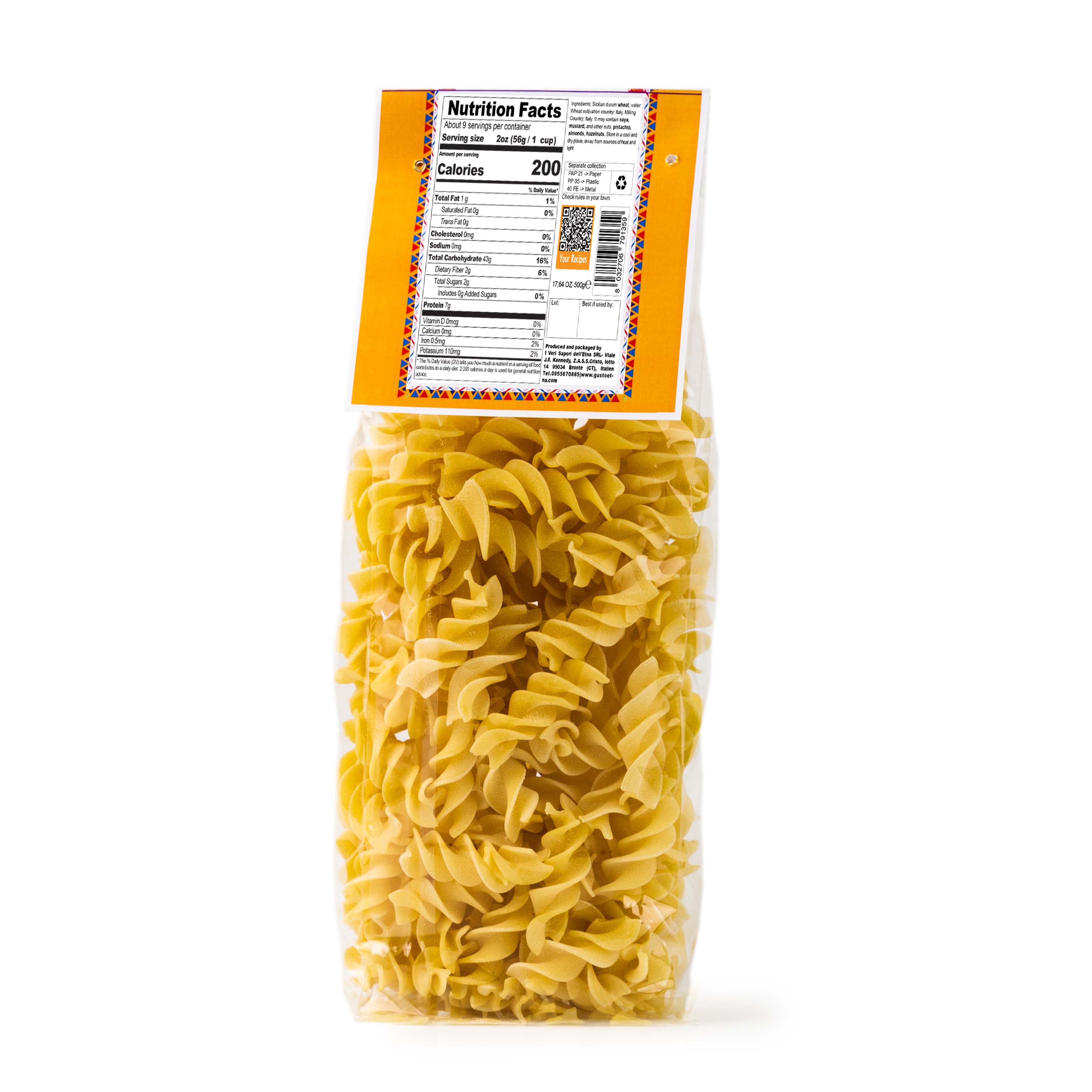 Gusto Etna, Fusilloni Pasta, 17.6 oz (500 g), Italian Fusilloni Durum Wheat Pasta, Italian pasta, Non GMO