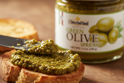 Authentic Italian green olive spread with a smooth, velvety texture and fresh, briny flavor. Perfect for bruschetta, pasta, 