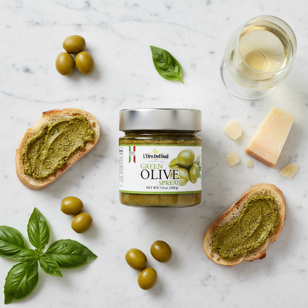 Authentic Italian green olive spread with a smooth, velvety texture and fresh, briny flavor. Perfect for bruschetta, pasta, 