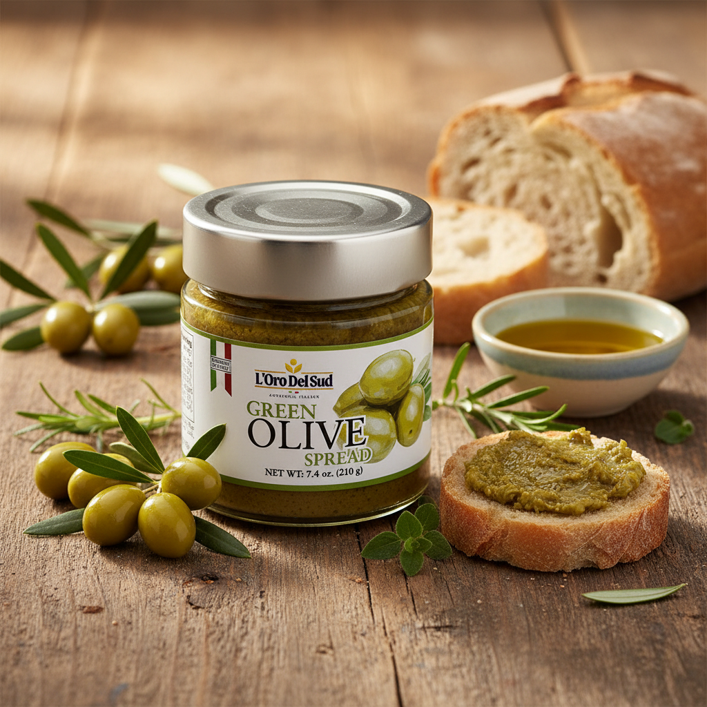 Authentic Italian green olive spread with a smooth, velvety texture and fresh, briny flavor. 