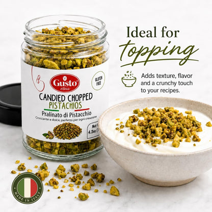 Gusto Etna Candied Chopped Pistachios, 120g / 4.2 oz – Made in Italy Pralinated Pistachio Topping for Gelato, Pastries, Cakes & Desserts