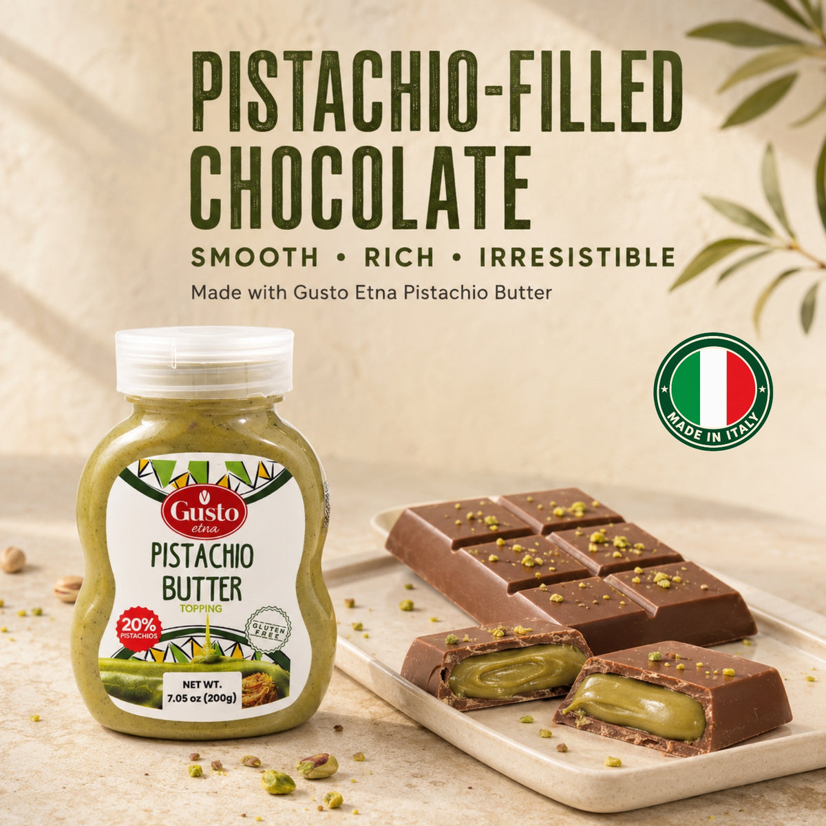 Gusto Etna Sicilian Pistachio Cream Squeeze Pouch (20% Pistachio) – 200g / 7.05 oz