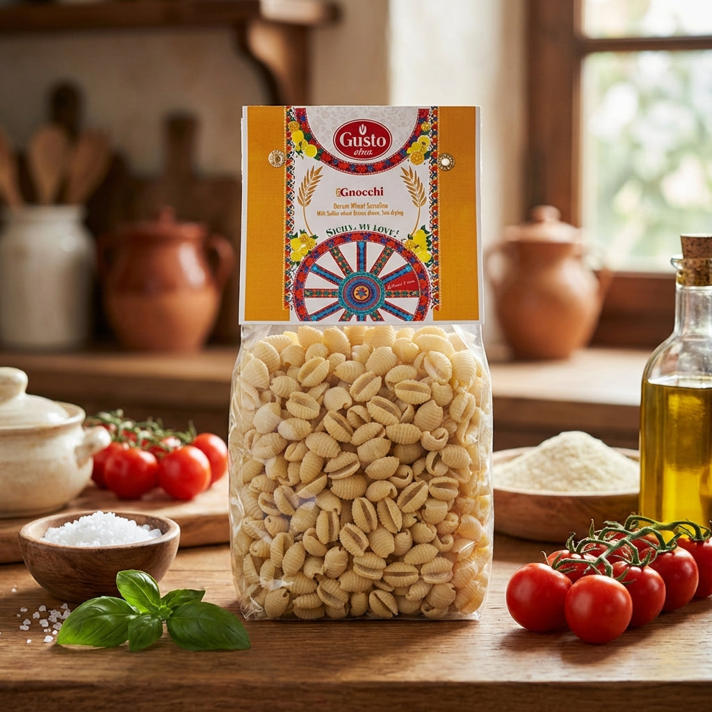 Bag of Gualtiero gustoGnocchi on a wooden table with tomatoes and basil