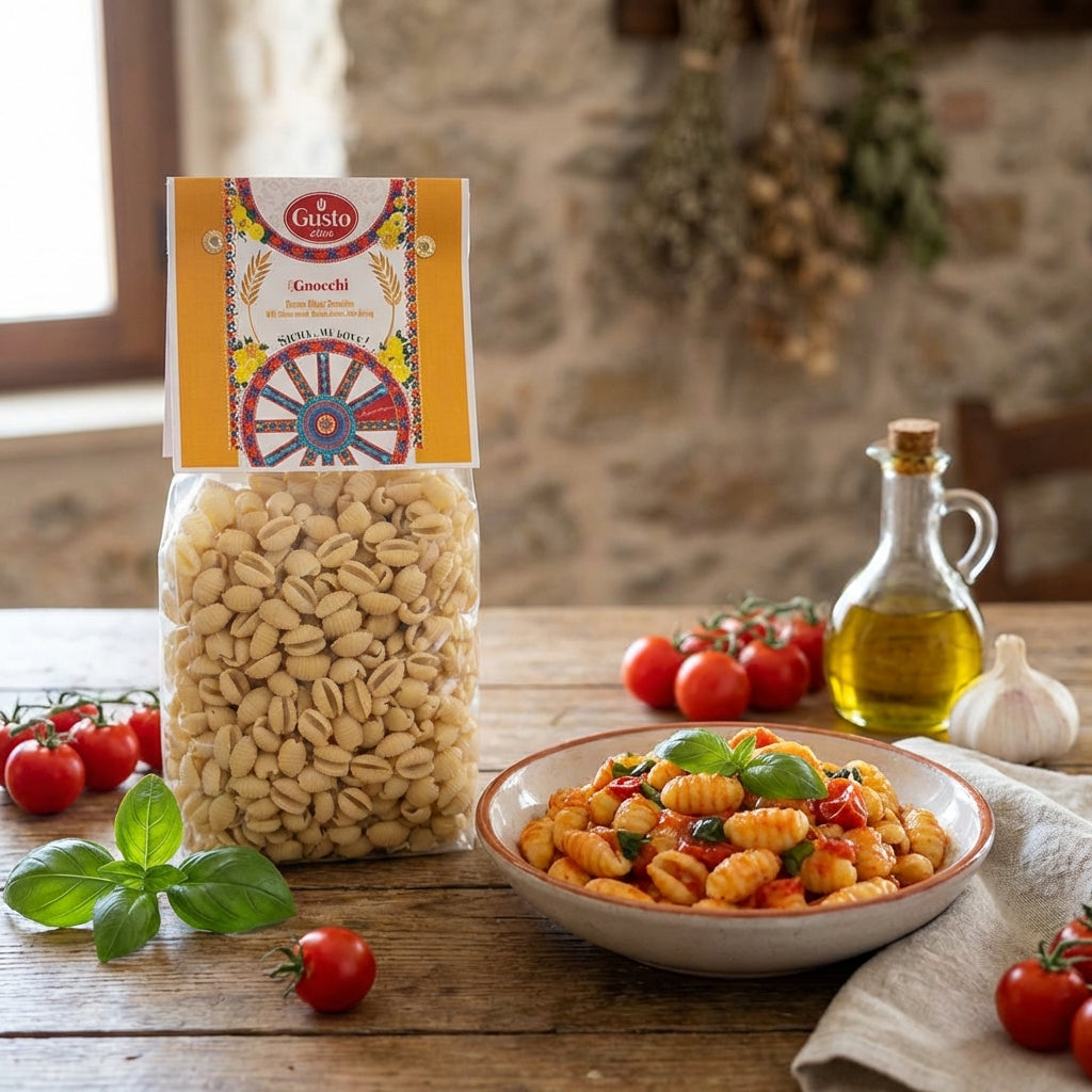 Packaged pasta with a bowl of pasta dish on a wooden table.