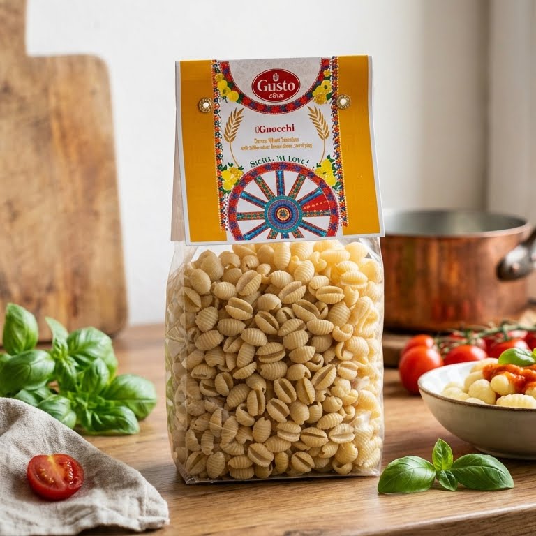 Packaged pasta with a colorful label on a kitchen counter with fresh ingredients.