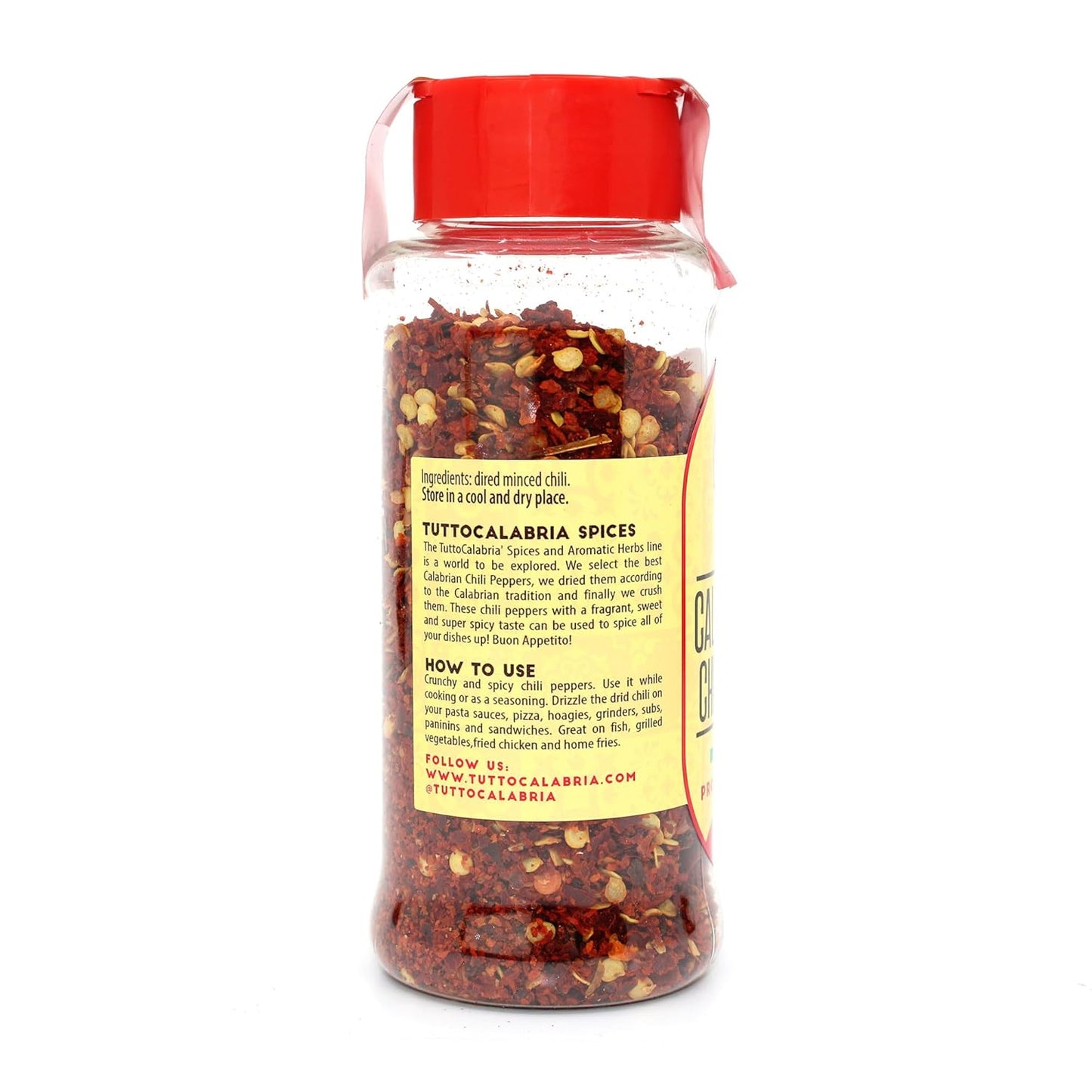 Spice jar with red lid and yellow label on a white background