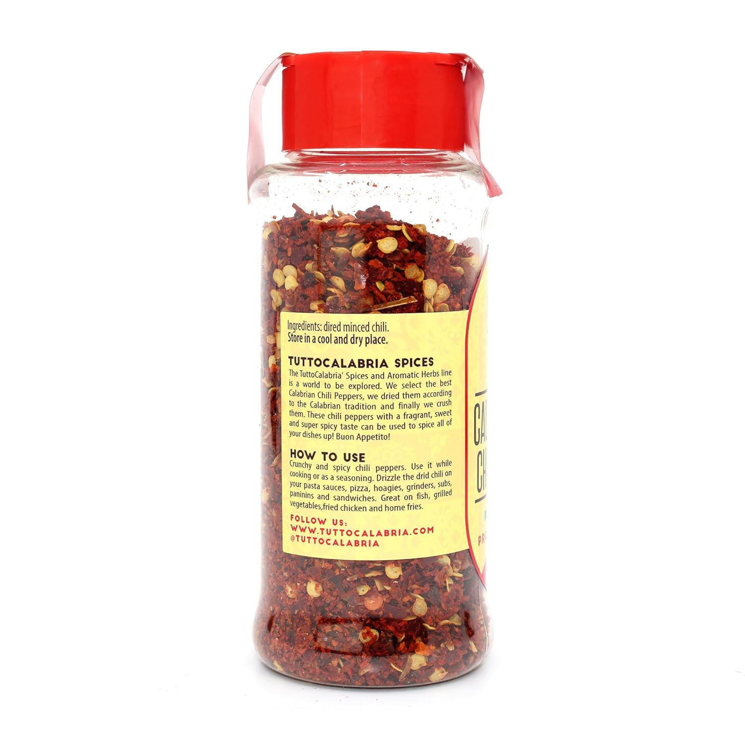 Spice jar with red lid and yellow label on a white background