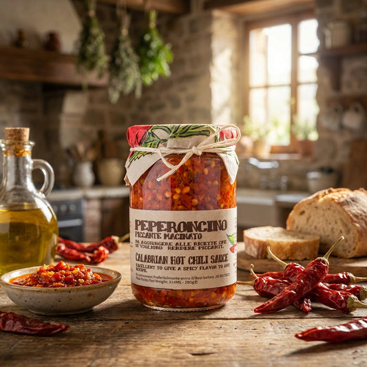 Jar of pepperoncino hot chili sauce on a wooden table with ingredients and bread in a rustic kitchen setting.
