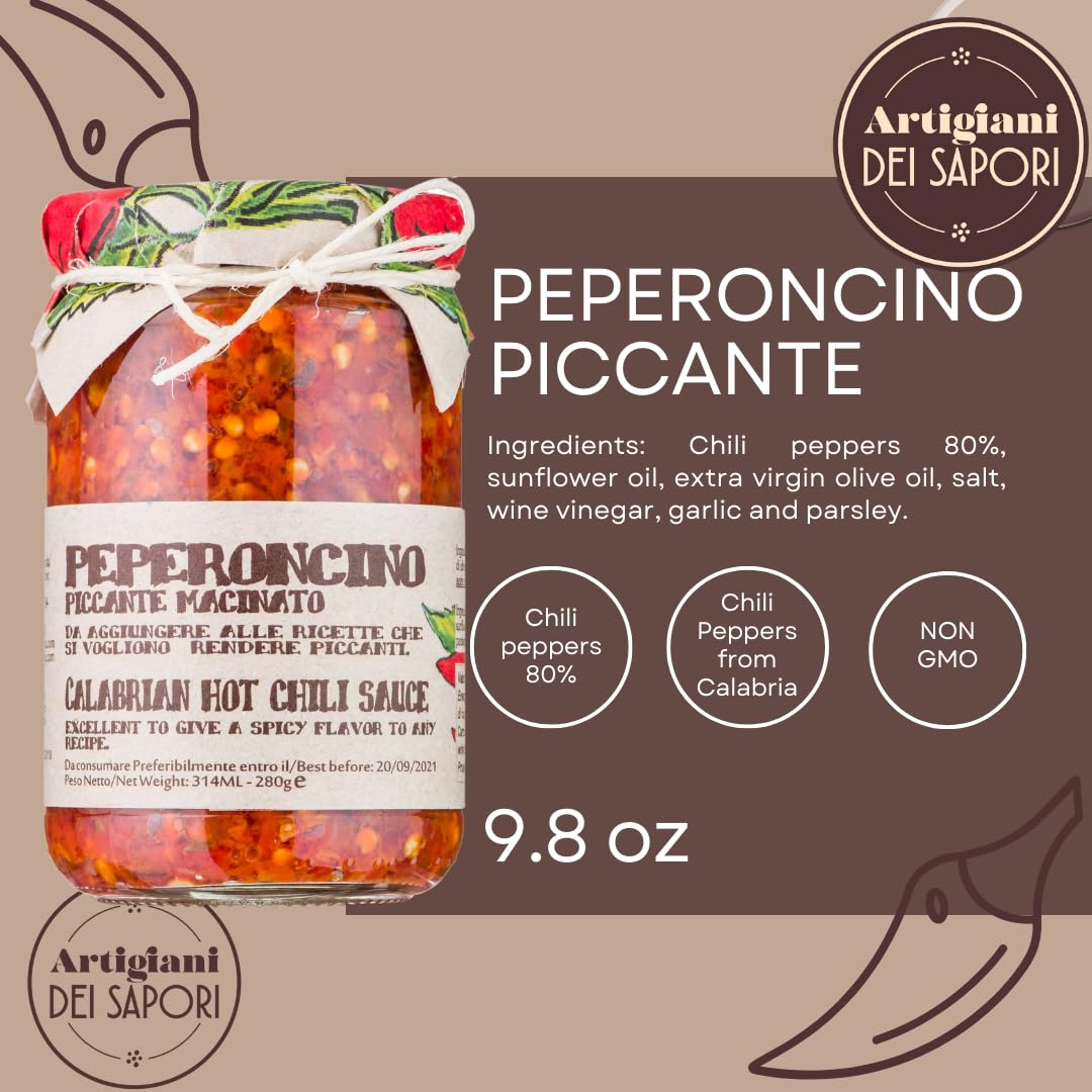Jar of Peperoncino Piccante chili sauce with label and Artigiani Dei Sapori branding.
