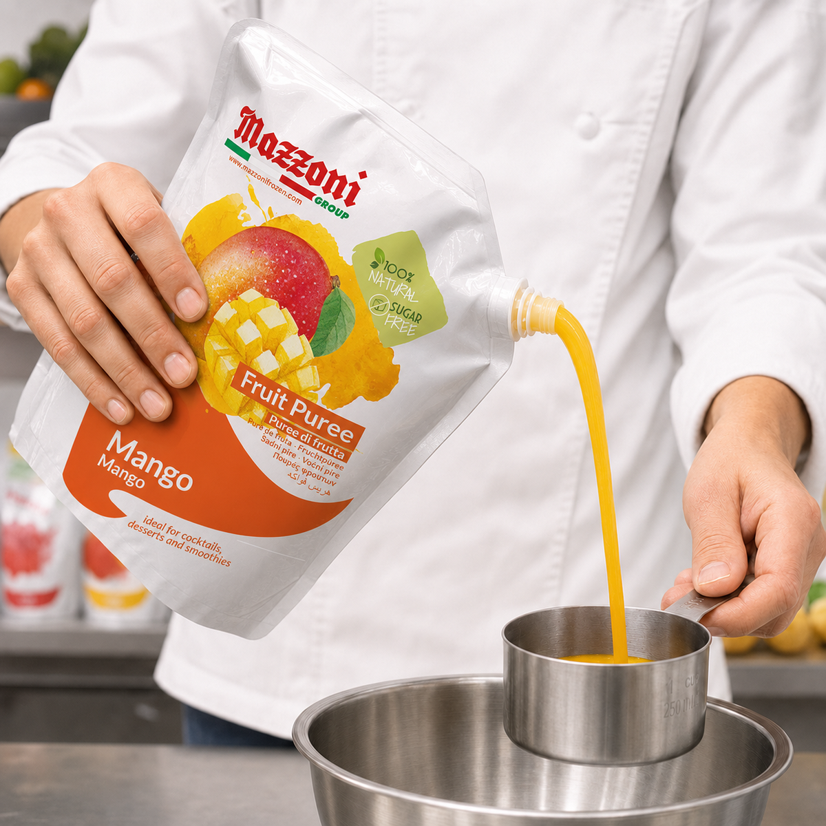 Pastry chef pouring Mazzoni mango fruit purée into a measuring cup