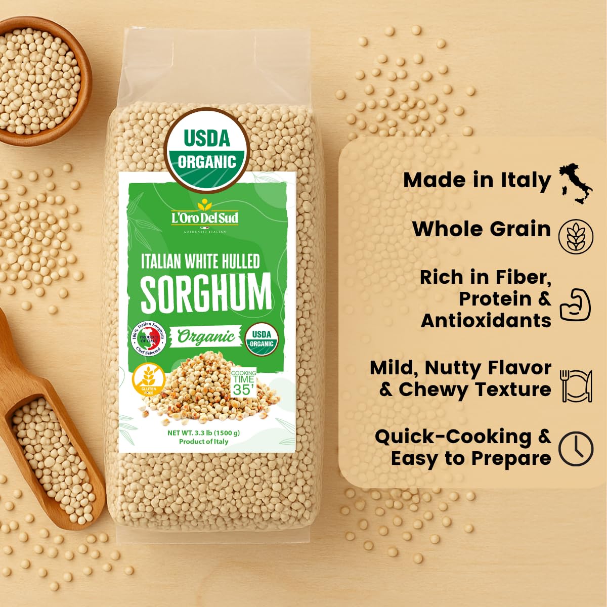 Package of Italian white hulled sorghum with USDA Organic label on a beige background.