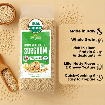 Package of Italian white hulled sorghum with USDA Organic label on a beige background.