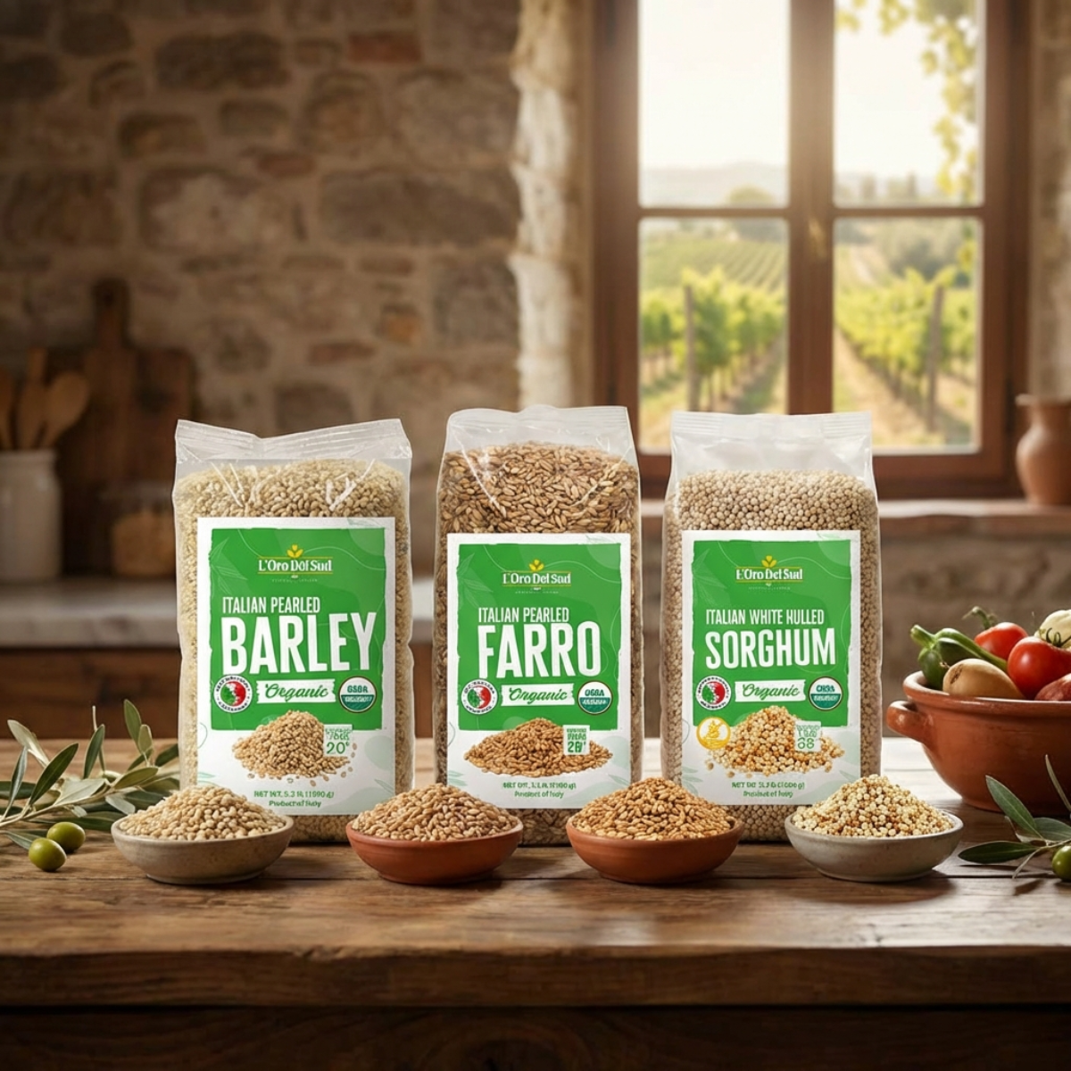An Italian farmhouse-style display featuring organic pearled barley, farro, and sorghum grains with rustic bowls and countryside views.