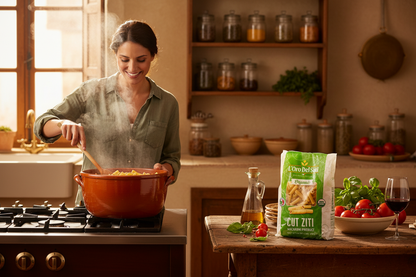 L'Oro Del Sud Organic Cut Ziti Pasta – Woman Cooking in Italian Kitchen