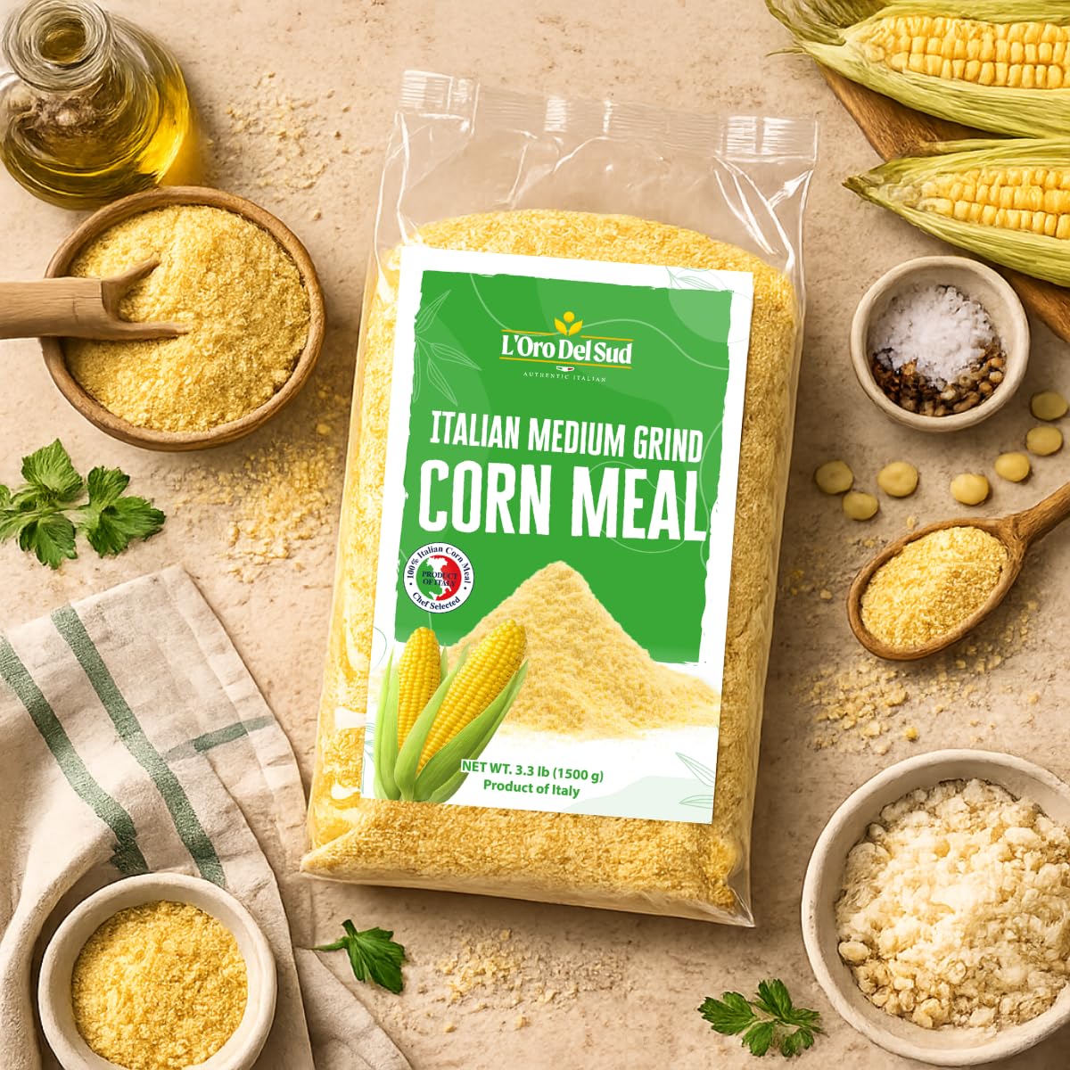 Premium Italian corn meal made from finely milled corn. Naturally gluten-free and ideal for creamy polenta, cornbread, porridge, coatings, and gluten-free baking.