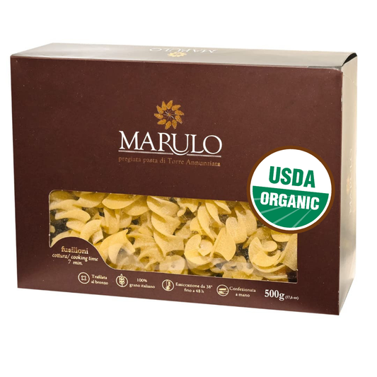Marulo Organic Fusilloni ;Homemade Artisan Pasta Italian artisan bronze die cut pasta. Italian Pasta made with 100% Italian Durum Wheat.