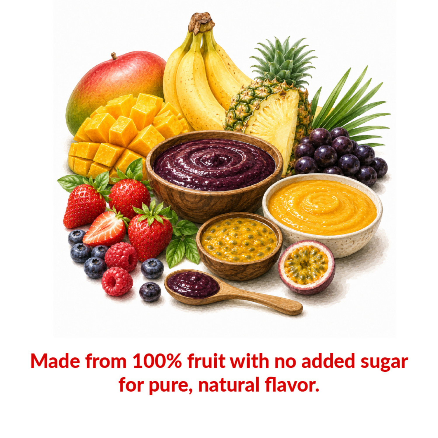 Mazzoni fruit purées made from 100% fruit with no added sugar, surrounded by fresh tropical fruits and berries.