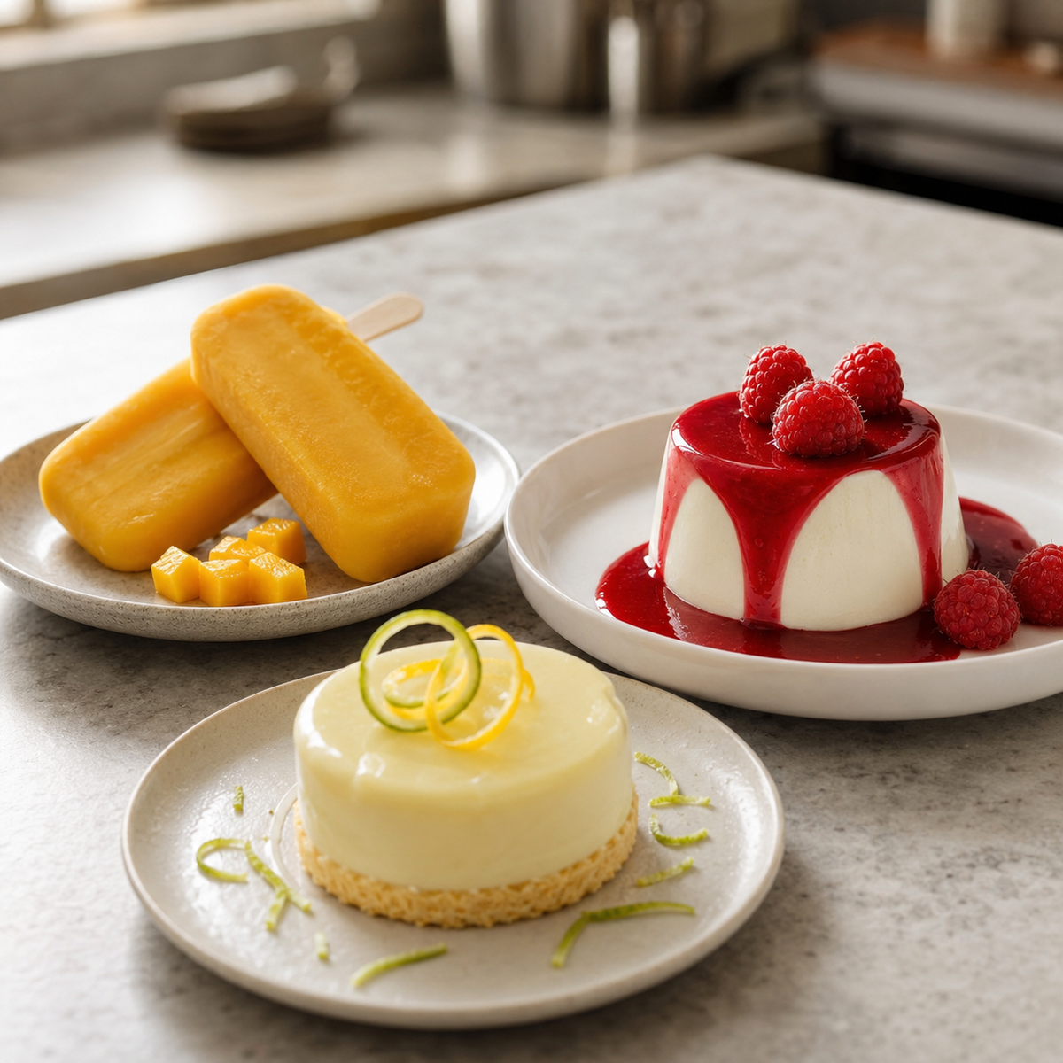 Mango fruit popsicles, raspberry panna cotta, and lemon-lime mousse made with Mazzoni fruit purées