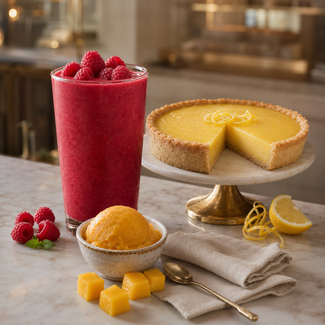Raspberry smoothie, lemon pie, and mango sorbet made with Mazzoni fruit purées