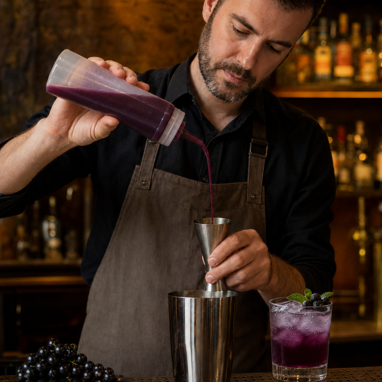 Professional bartender preparing a cocktail with Mazzoni passion fruit purée