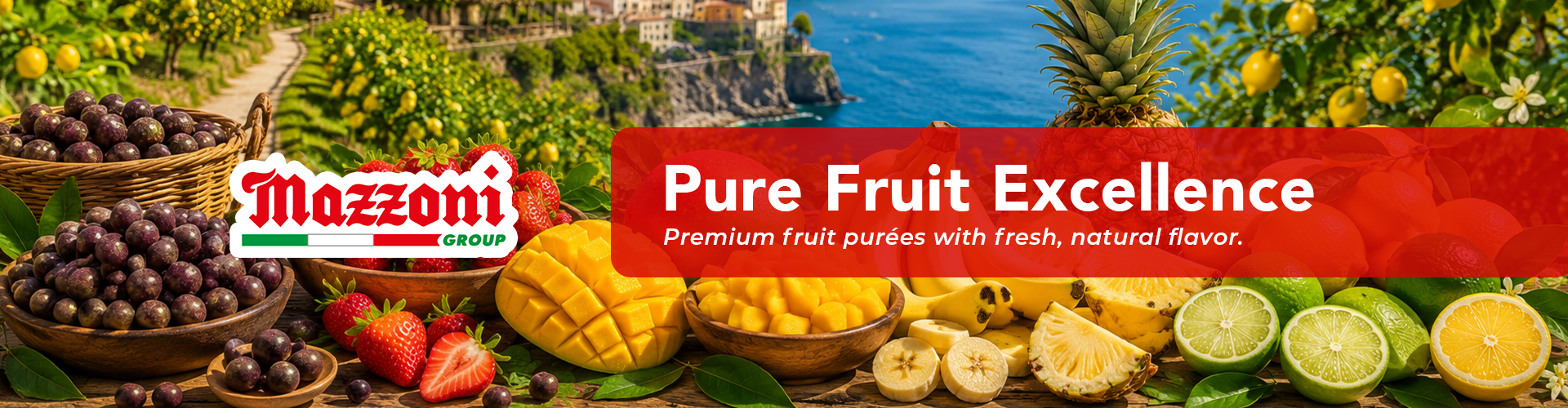 Mazzoni premium Italian fruit purées made with fresh tropical, citrus, and berry fruits