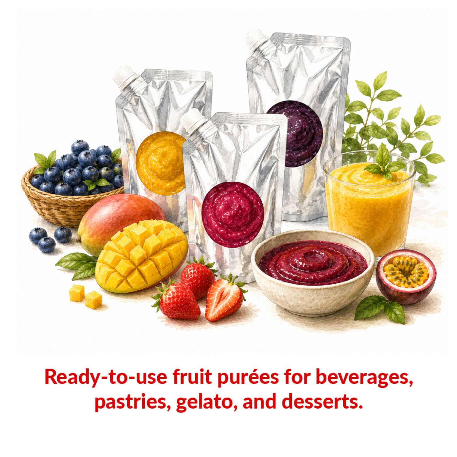 Mazzoni ready-to-use fruit purées for beverages, pastries, gelato, and desserts, surrounded by fresh fruit.