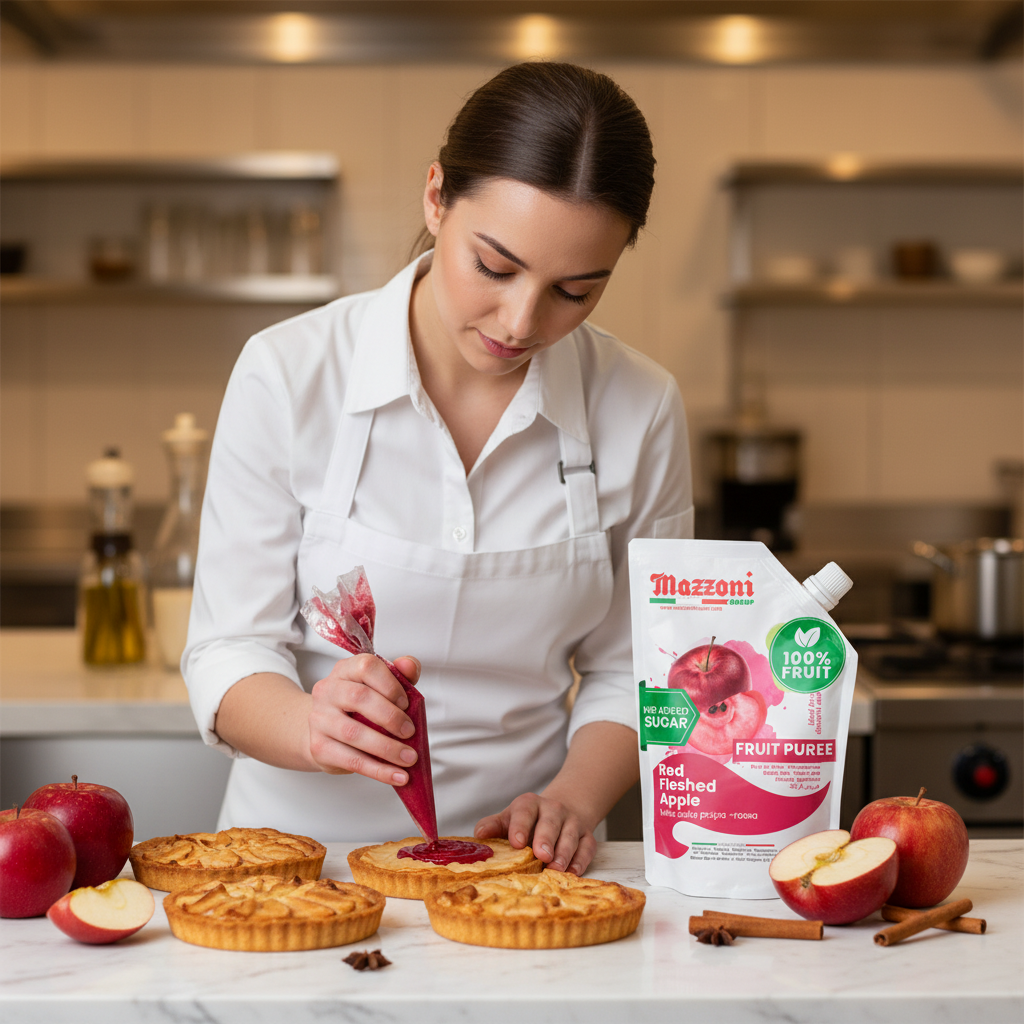Pastry chef decorating apple tarts with Mazzoni red-fleshed apple fruit purée