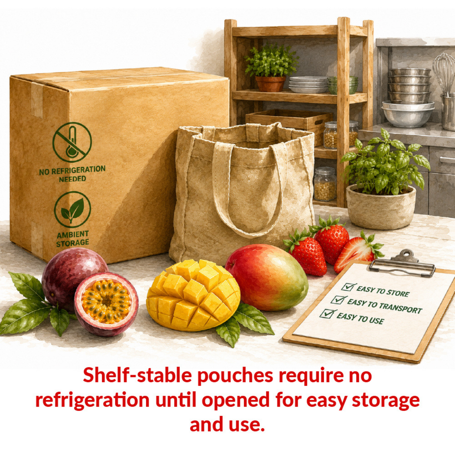 Mazzoni shelf-stable fruit purées require no refrigeration until opened for easy storage, transport, and use